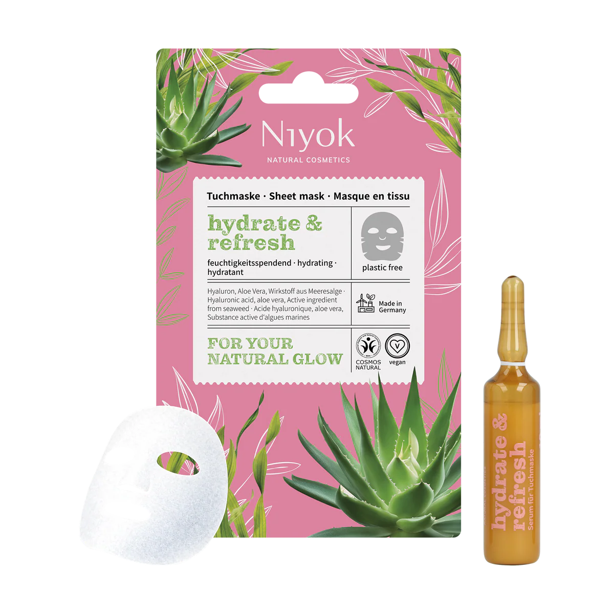 Drėkinamoji lakštinė kaukė su hialurono rūgštimi ir alaviju „Hydrate &amp; Refresh“